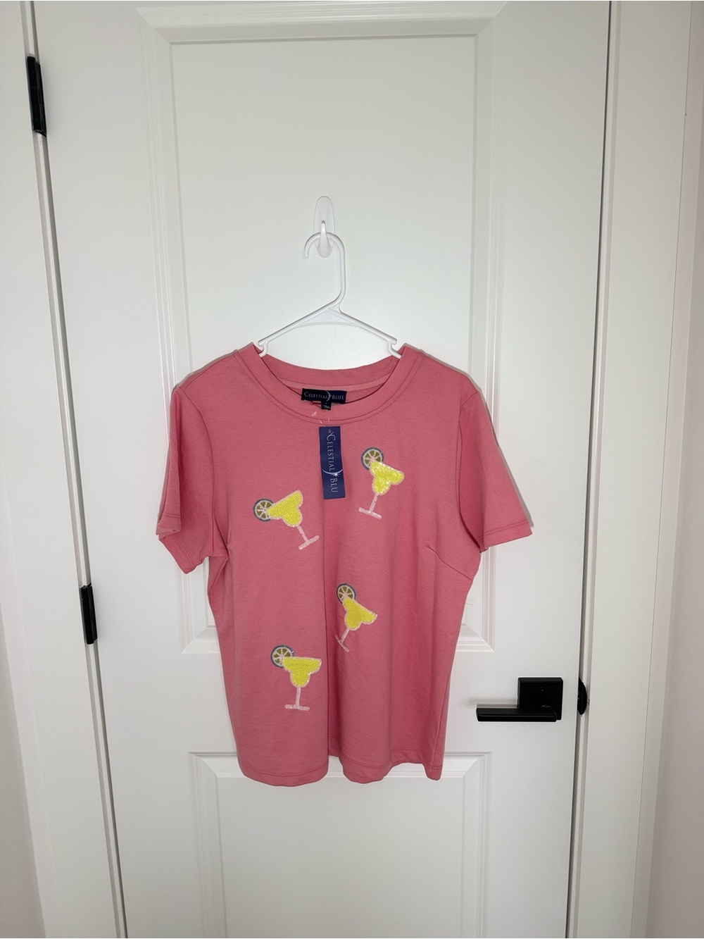 Celestial Blue Pink Tee with Yellow Cocktail Embroidery